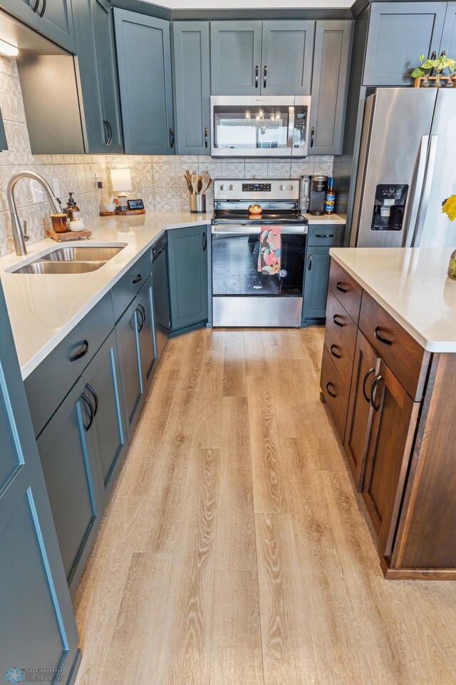 kitchen featuring light hardwood / wood-style flooring, appliances with stainless steel finishes, decorative backsplash, and sink