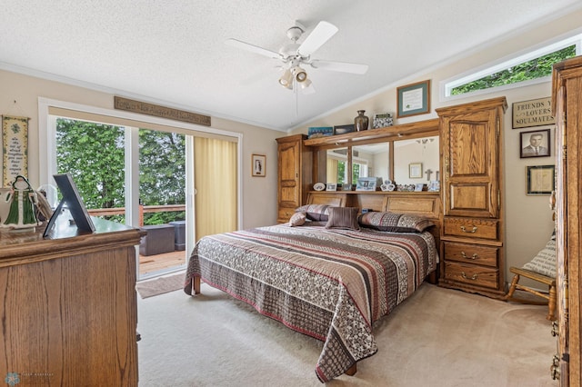 bedroom featuring a textured ceiling, vaulted ceiling, light carpet, crown molding, and ceiling fan