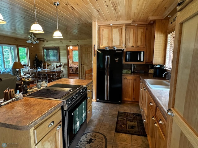 kitchen featuring ceiling fan, wood ceiling, sink, wooden walls, and black appliances