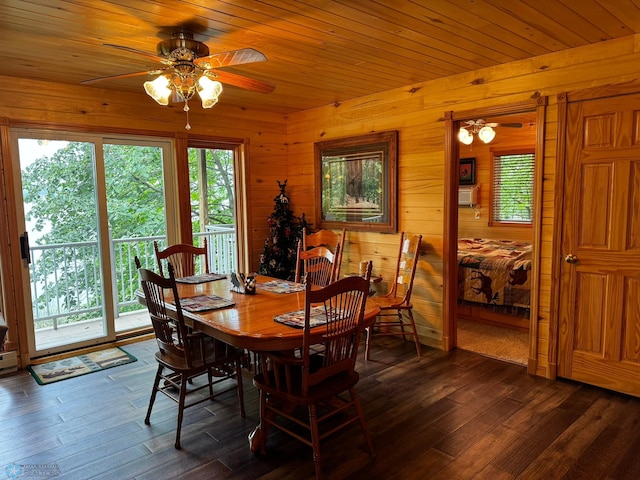 dining space with ceiling fan, wood walls, wood ceiling, and dark hardwood / wood-style flooring