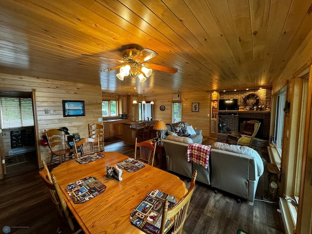 dining room with a brick fireplace, ceiling fan, wooden ceiling, dark hardwood / wood-style flooring, and wooden walls