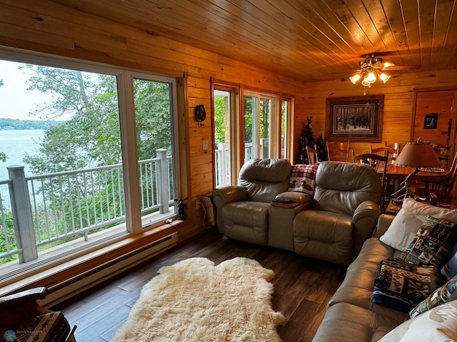 living room with a water view, ceiling fan, wooden walls, a baseboard radiator, and dark hardwood / wood-style floors