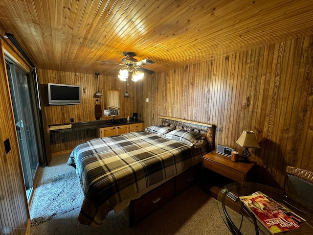 carpeted bedroom with ceiling fan, wood walls, and wood ceiling