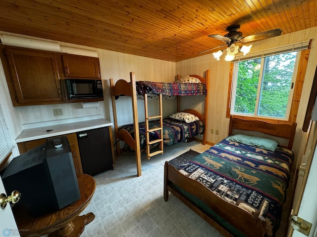 bedroom with ceiling fan and wooden ceiling