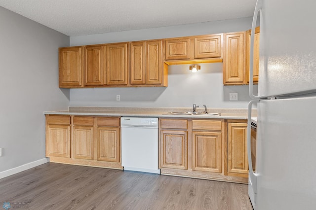 kitchen featuring hardwood / wood-style floors, white appliances, a textured ceiling, and sink