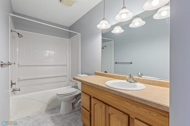 full bathroom featuring vanity, toilet, washtub / shower combination, and tile patterned flooring