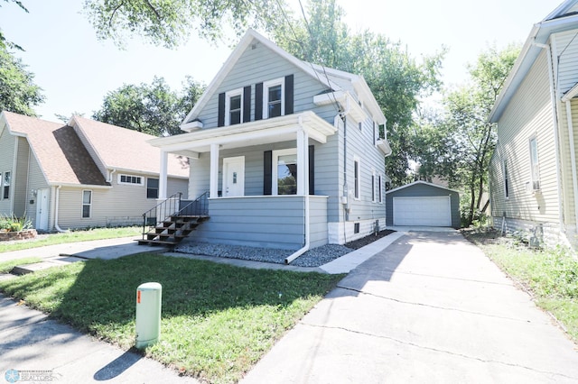 bungalow-style home with an outdoor structure, a garage, a porch, and a front lawn