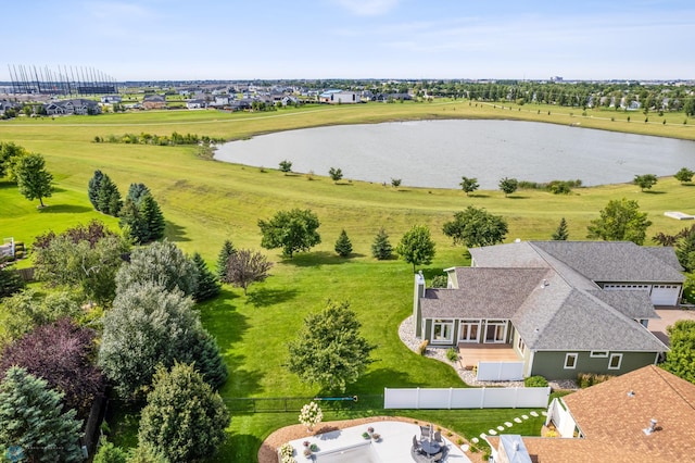 drone / aerial view featuring a water view and a rural view