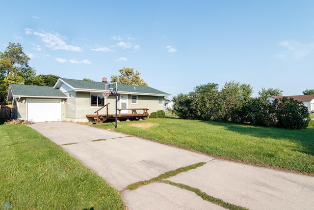 ranch-style home featuring a garage, a front yard, and a wooden deck