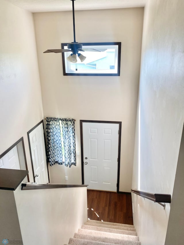 foyer entrance featuring ceiling fan and hardwood / wood-style flooring