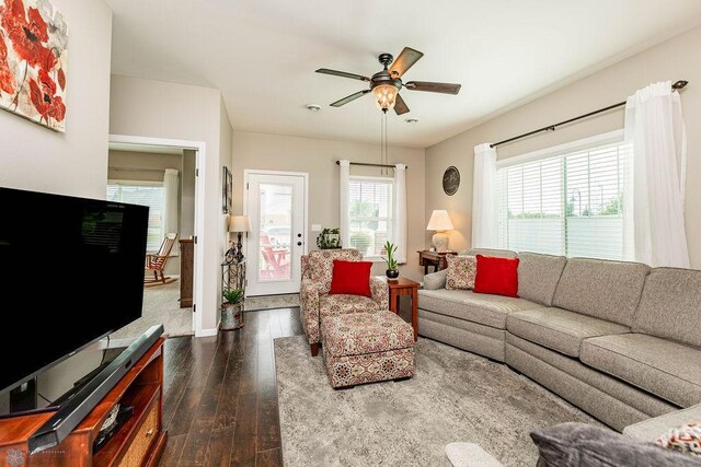 living room with dark hardwood / wood-style flooring and ceiling fan