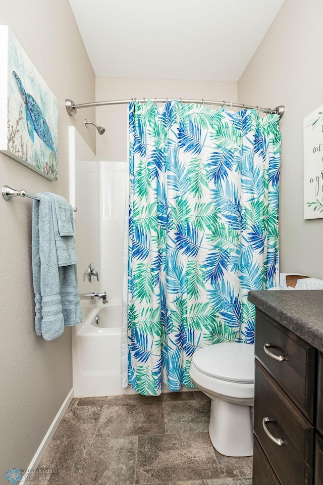 full bathroom with shower / bath combination with curtain, toilet, and vanity