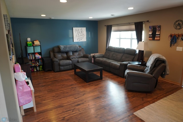 living room featuring dark wood-type flooring