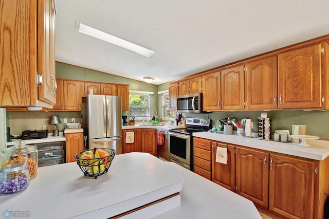 kitchen featuring appliances with stainless steel finishes, vaulted ceiling with skylight, sink, and a textured ceiling