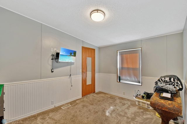 interior space featuring a textured ceiling, light colored carpet, and vaulted ceiling