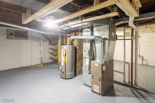 basement with gas water heater and heating unit