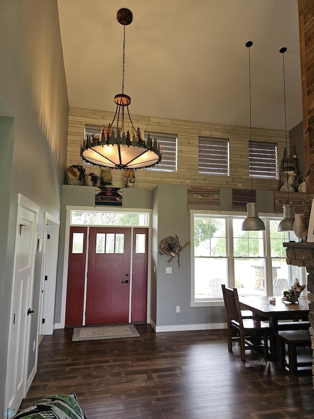 foyer entrance featuring a healthy amount of sunlight, a high ceiling, and dark wood-type flooring