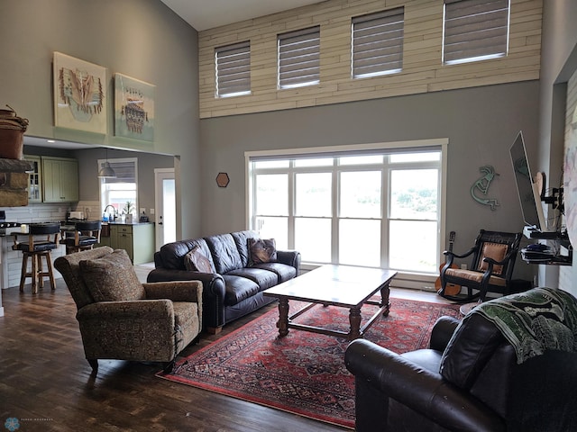 living room featuring a towering ceiling, dark hardwood / wood-style flooring, and plenty of natural light