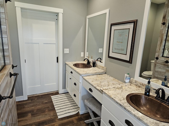 bathroom with vanity, toilet, and hardwood / wood-style flooring