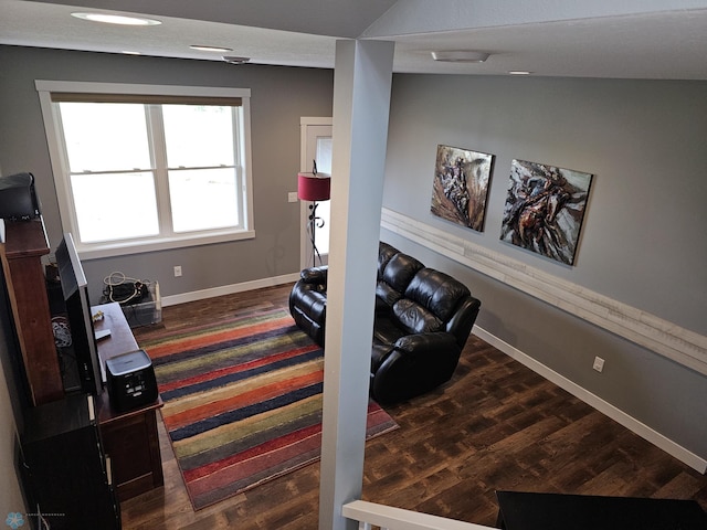 workout room featuring lofted ceiling and dark hardwood / wood-style floors