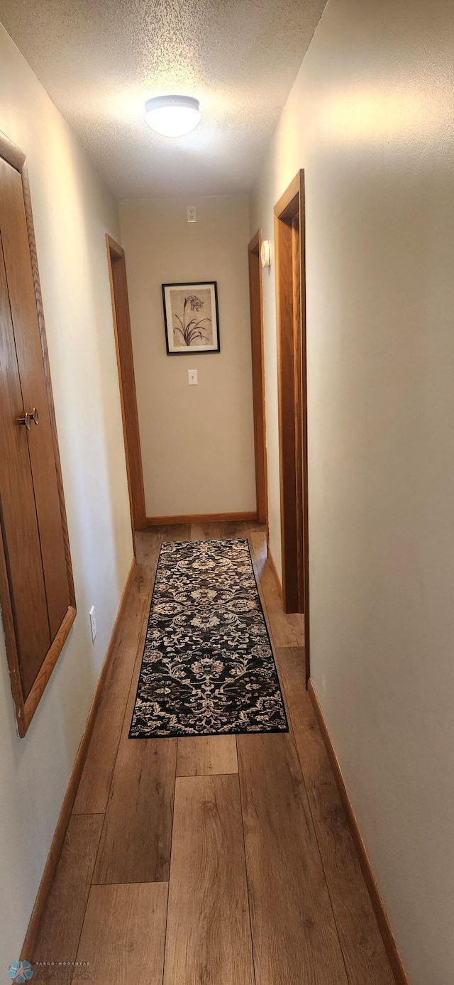 hallway featuring a textured ceiling and light hardwood / wood-style flooring