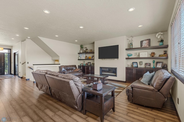 living room featuring a textured ceiling and wood-type flooring