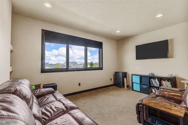 living room with light carpet and a textured ceiling