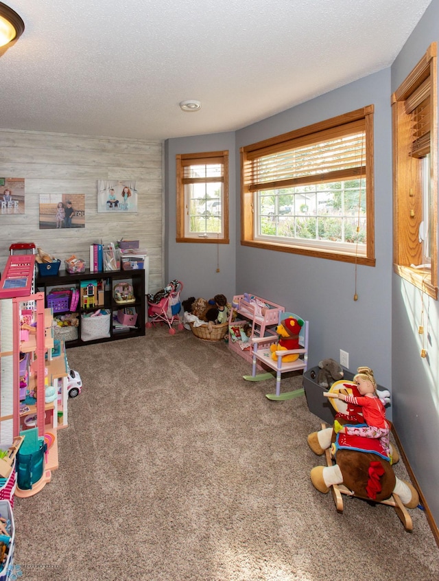 rec room featuring a textured ceiling and carpet