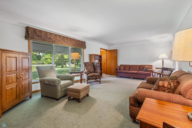 carpeted living room with crown molding