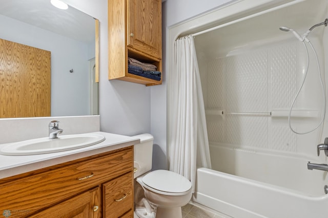 full bathroom featuring shower / bathtub combination with curtain, tile patterned flooring, toilet, and vanity