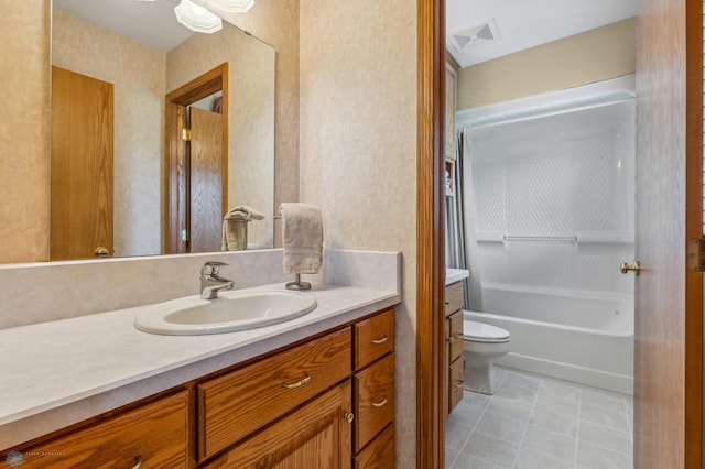 full bathroom with toilet, bathing tub / shower combination, and vanity