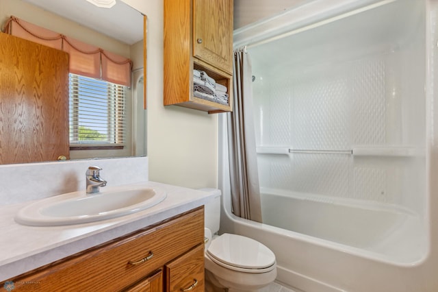 full bathroom with vanity, toilet, and shower / bathtub combination with curtain