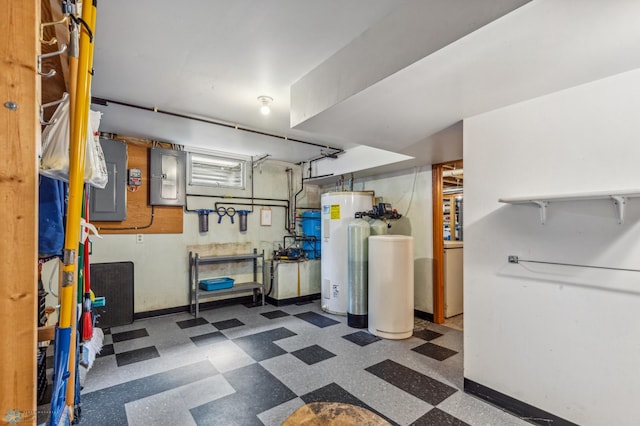 basement featuring water heater and electric panel