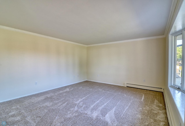 carpeted empty room featuring a baseboard radiator and ornamental molding