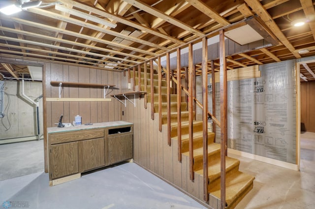 basement featuring wooden walls