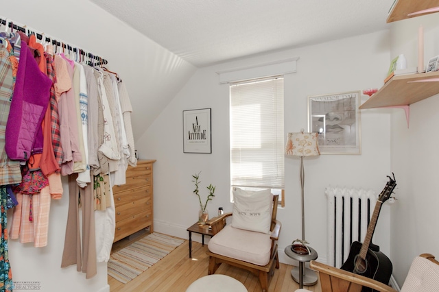 living area featuring radiator, lofted ceiling, and hardwood / wood-style flooring