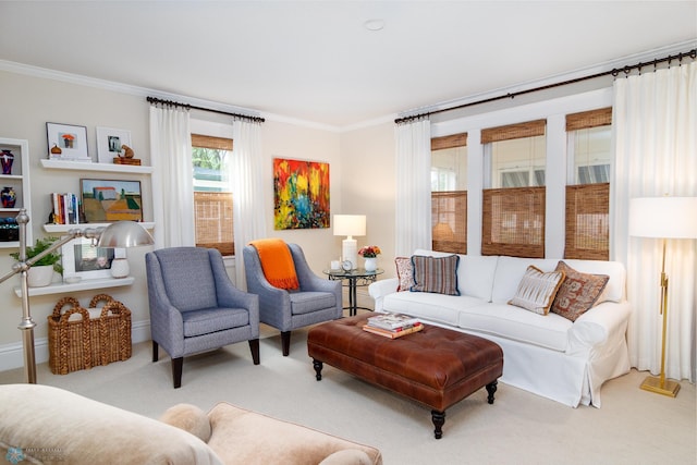 living room with crown molding and light colored carpet