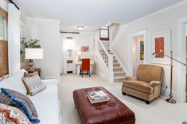 living room featuring carpet flooring and ornamental molding