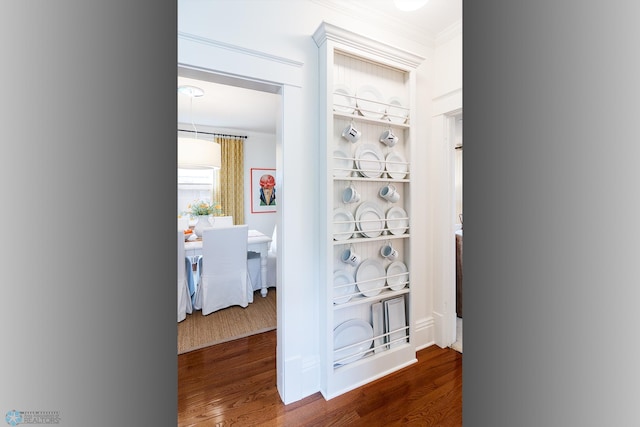 hallway with dark hardwood / wood-style floors and crown molding