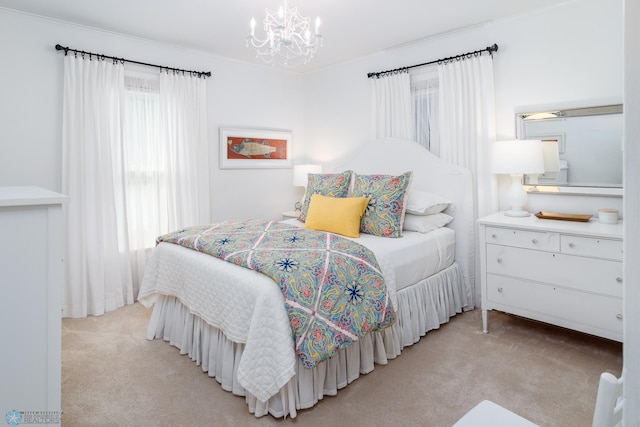 carpeted bedroom with multiple windows and a notable chandelier