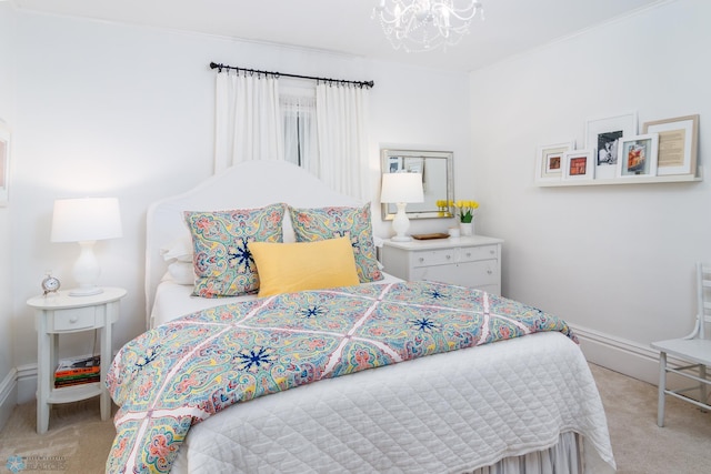 bedroom with light colored carpet