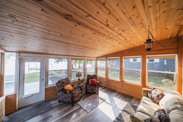 sunroom featuring wooden ceiling and vaulted ceiling