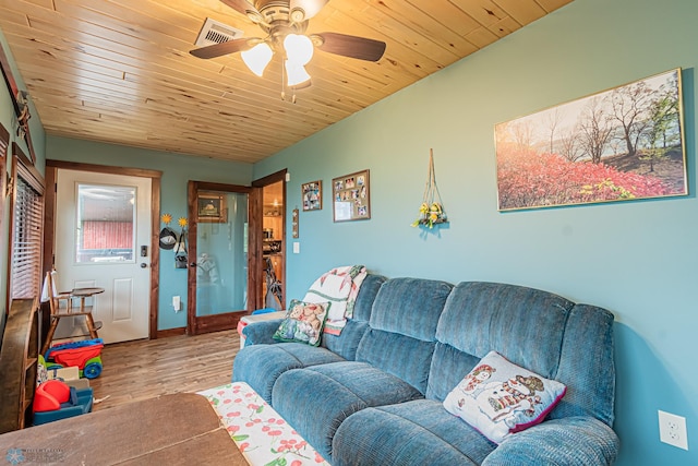 living room featuring ceiling fan, wood ceiling, and wood-type flooring