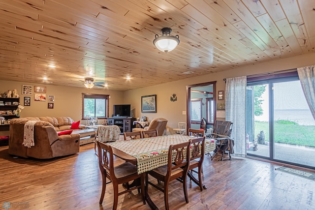 dining room with wooden ceiling, light hardwood / wood-style floors, ceiling fan, and plenty of natural light