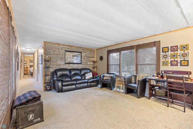 living room featuring wood walls, a textured ceiling, and carpet flooring