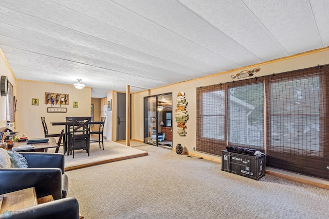 carpeted living room with a textured ceiling and ornamental molding