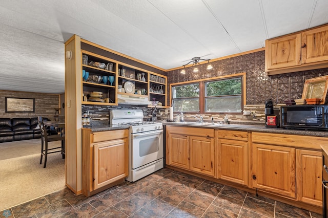 kitchen with dark colored carpet, a textured ceiling, sink, backsplash, and white gas range