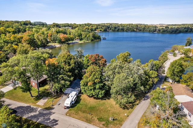 drone / aerial view with a water view