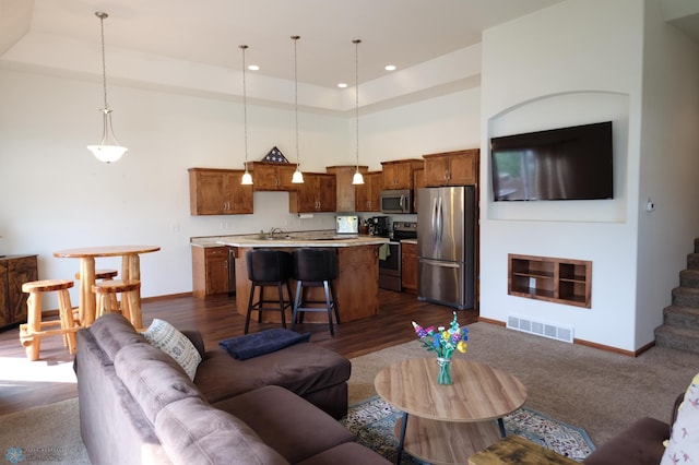 living room featuring a high ceiling and dark hardwood / wood-style floors