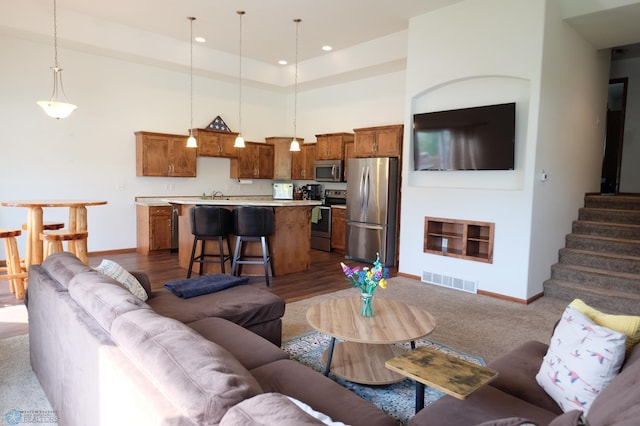 living room featuring dark hardwood / wood-style flooring, sink, and a high ceiling